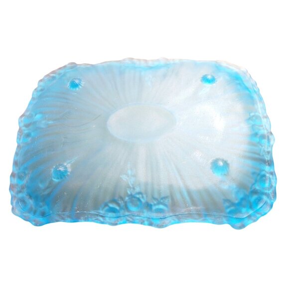 Vintage Tiffin Glass Co Blue UV Reactive Vanity Tray Raised Rose Edges Rare Find - Picture 4 of 10